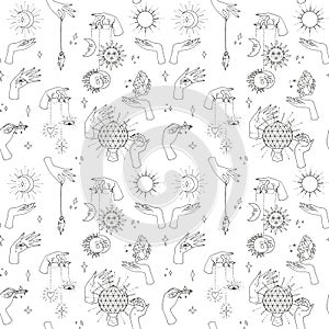 Seamless pattern with hand drawn doodle line art female witch hands holding sun and moon. Spiritual mystic repeat