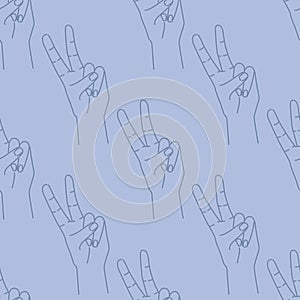 Seamless pattern of hand drawn doodle sketch peace sign. Silhouette contour on a blue background. Hand drawn expression gesture