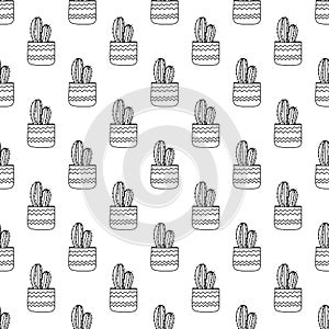 Seamless pattern of hand drawn doodle succulents in pots.