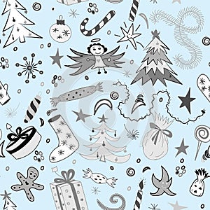 Seamless Pattern of Hand Drawn Doodle Winter Holiday Symbols. Children Drawings of Fir Trees, Gifts, Candle, Sweets, Angel