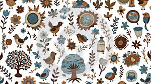 Seamless pattern with hand drawn doodles, birds, flowers and trees creating a nostalgic and maximalist atmosphere photo