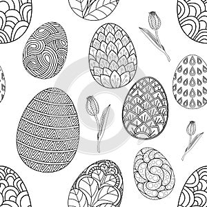 Seamless pattern with hand-drawn Easter eggs doodles c tulips. Vector background