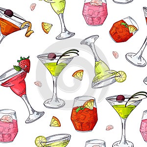 Seamless pattern with hand drawn elements. Cocktails on white background. Vector illlustration