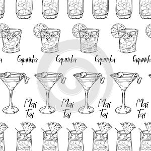 Seamless pattern with hand drawn elements. Cocktails on white background. Vector illlustration