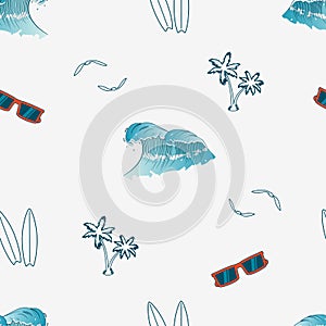 Seamless pattern with hand drawn elements - palm trees, surfboards, waves, sunglasses and gull birds. Vector
