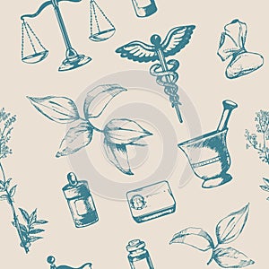 Seamless pattern of hand-drawn elements of pharmacy.