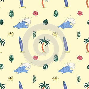 Seamless pattern with hand-drawn elements with a surf theme. Wave, surf, palm trees and more