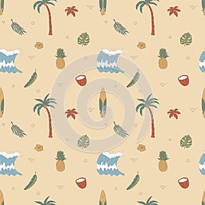 Seamless pattern with hand-drawn elements with a surf theme. Wave, surf, palm trees and more