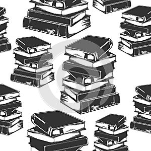 Seamless pattern of hand drawn engraving vintage stack of books