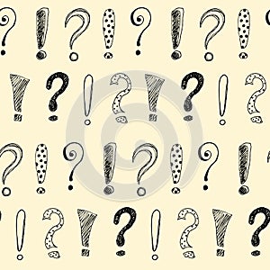 Seamless pattern with hand drawn exclamation marks and question