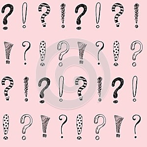 Seamless pattern with hand drawn exclamation marks and question