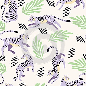 Seamless pattern with hand drawn exotic big cat purple tiger, with tropical plants and abstract elements on white background.