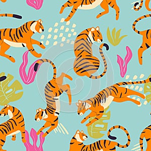 Seamless pattern with hand drawn exotic big cat tiger, with tropical plants and abstract elements on light blue background.