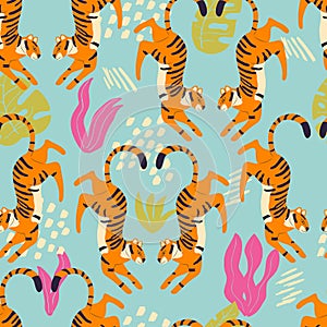 Seamless pattern with hand drawn exotic big cat tiger, with tropical plants and abstract elements on light blue background.