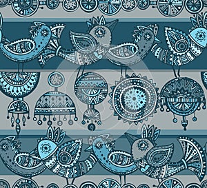 Seamless pattern with hand drawn fancy birds in ethnic style wit