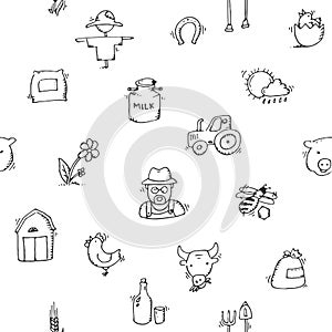 Seamless pattern Hand drawn Farm icon set