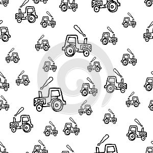 Seamless pattern hand drawn fashion tractor icon. Hand drawn black sketch. Sign / symbol / doodle. Isolated on white background.