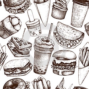 Seamless pattern with hand drawn fast food illustrations. Vintage background for restaurant, cafe or food truck menu. Engraved st