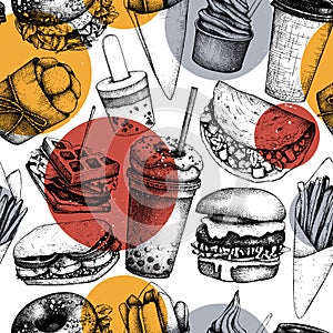 Seamless pattern with hand drawn fast food illustrations. Vintage background for restaurant, cafe or food truck menu. Engraved st