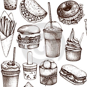 Seamless pattern with hand drawn fast food illustrations. Vintage background for restaurant, cafe or food truck menu. Engraved st