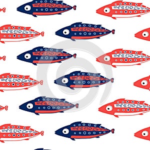 Seamless pattern with hand drawn fish in vintage style vector illusrtation photo