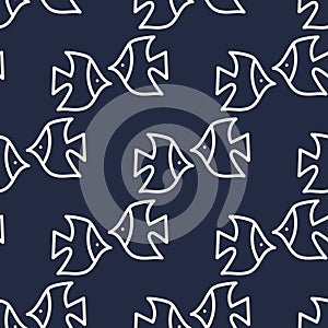 Seamless pattern with hand drawn fishes, doodle style. Vector illustration on blue background