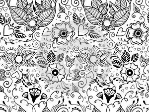 Seamless pattern with hand-drawn flowers and hearts. Doodle style vector illustration on white background.