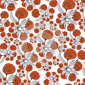 Seamless pattern with hand-drawn flowers of orange color. Borderless background for printing on paper or fabric