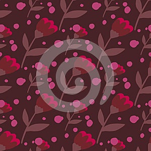 Seamless pattern with hand drawn folk flower ornament. Red botanic elements on dark maroon background with pink dots