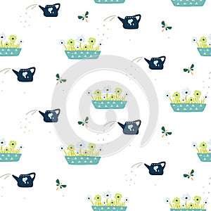 Seamless pattern with hand drawn gardening tools - flowers in a pot and watering can. Vector illustration.