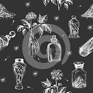 Seamless pattern hand drawn of ginseng roots, lives and flowers in chalk white color isolated on black board background. Retro