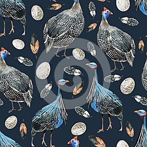 Seamless pattern with hand-drawn guineafowls, spotted feathers and spotted eggs on a dark background