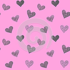 Seamless pattern with hand drawn hearts in doodle style. Pink and grey colors. Valentine's day love and wedding texture