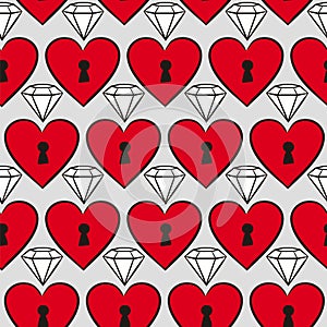 Seamless pattern of hand drawn hearts with keyholes and diamonds