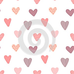 Seamless pattern of hand-drawn hearts with ornaments. Vector image for Valentine`s Day, lovers, prints, clothes, textiles, cards,