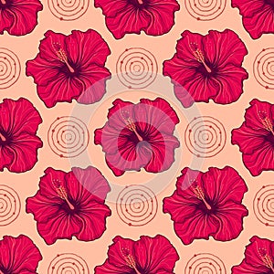 Seamless pattern with hand drawn hibiscus flowers