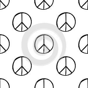 Seamless pattern with hand drawn hippie peace symbol. Hippy pacific sign.