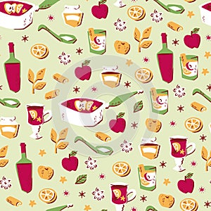 Seamless Pattern with Hand Drawn Hot Mulled Wine
