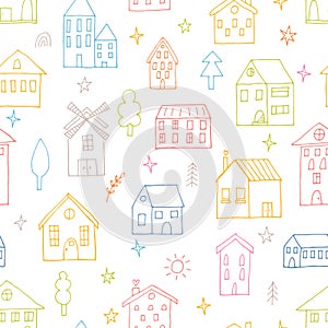 Seamless pattern with hand drawn houses. Buildings. Doodle style. Texture for fabric, wrapping, textile, wallpaper