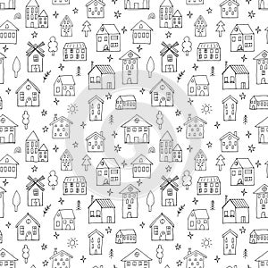 Seamless pattern with hand drawn houses. Doodle style. Buildings. Texture for fabric, wrapping, wallpaper, textile