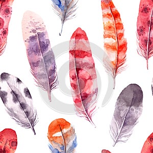 Seamless pattern. Hand drawn illustration - Background of Watercolor feathers. Aquarelle boho set. Isolated on white background.