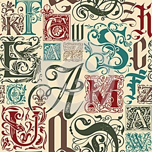 Seamless pattern with hand-drawn initial and capital letters