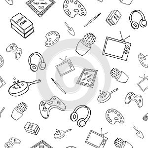 Seamless pattern with hand drawn items of fun home activities on white background