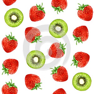 Seamless pattern with hand-drawn Kiwi and Strawberry.