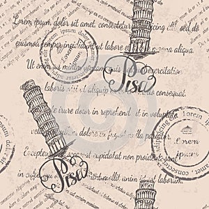 Seamless pattern with hand drawn Leaning tower of Pisa, lettering Pisa and faded text