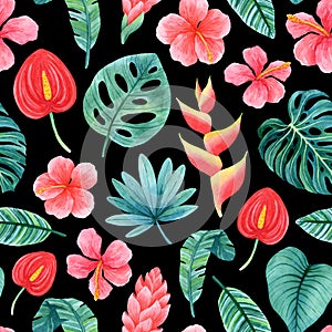 Seamless pattern with hand-drawn leaves and flowers inspired by lush tropical greenery.