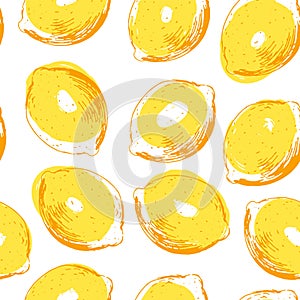 Seamless pattern with hand drawn lemons, sketchy design. Modern textured wallpaper