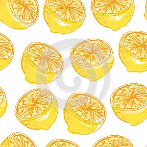 Seamless pattern with hand drawn lemons, sketchy design. Modern textured wallpaper