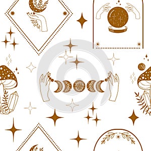 Seamless pattern of hand drawn line art mystical mushrooms, witchy hands, magic crystal ball, moon and stars