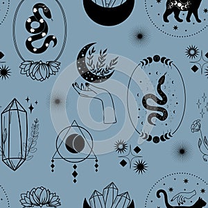 Seamless pattern of hand drawn line art witchy esoteric objects, female hands, magic snakes and cats, moon and stars